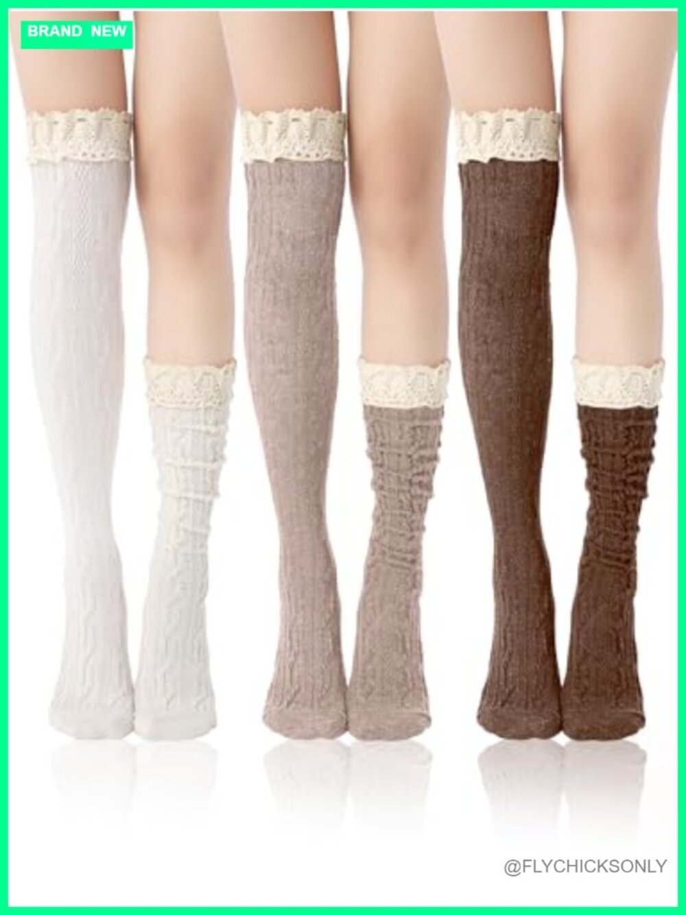 Women Knee High Boot Socks Lace Trim Polyester Cotton Blend 3 Pairs